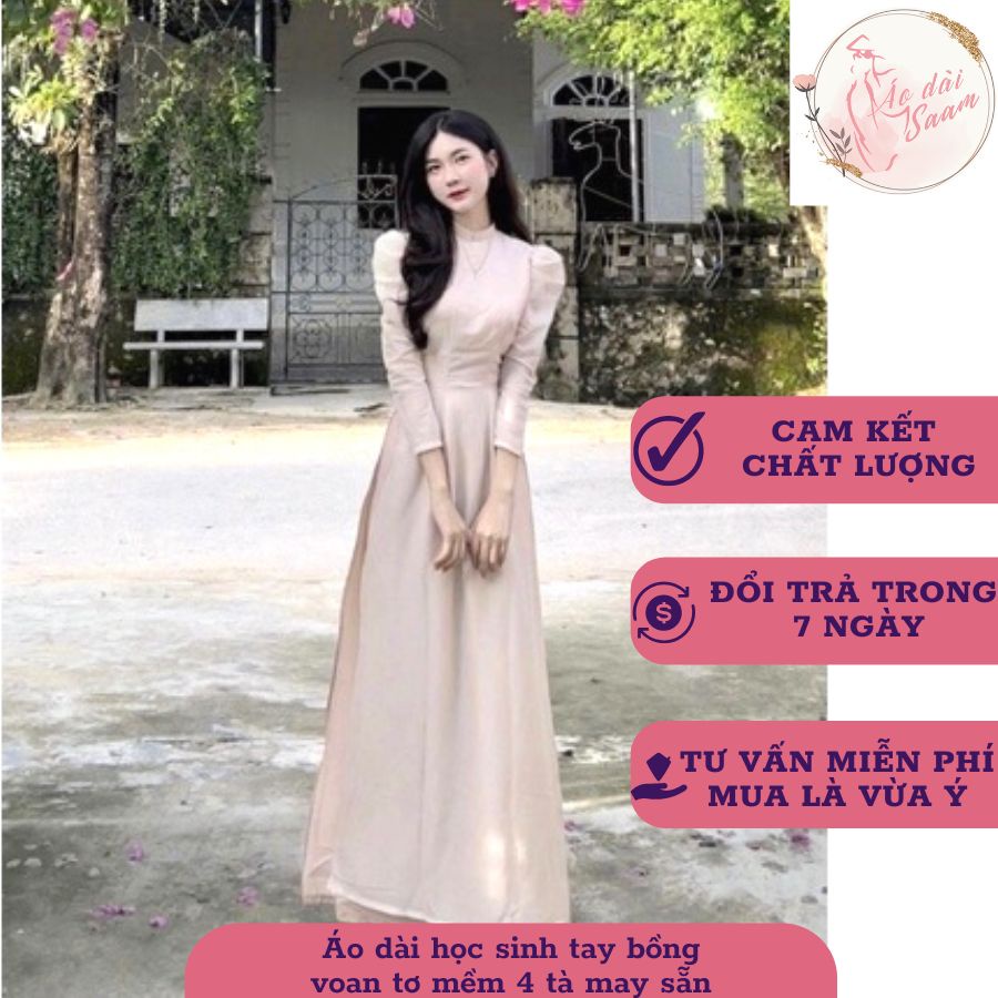 Áo dài học sinh tay bồng giá rẻ truyền thống 4 tà may sẵn chiffon co giãn may sẵn cổ cao 2cm mặc kỉ yếu khai giảng saam