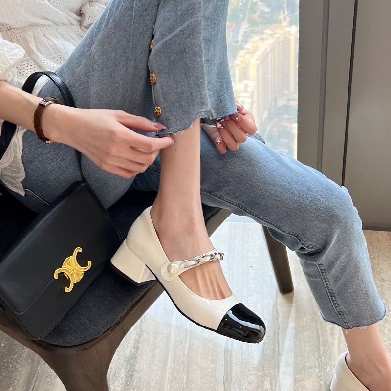 Hàng Có Sẵn Giày Mary Jane Gót Cao Vừa Dày Dặn Đế Phẳng Quai Xích Đính Ngọc Trai Có Khóa Cài Kiểu Pháp Cho Nữ