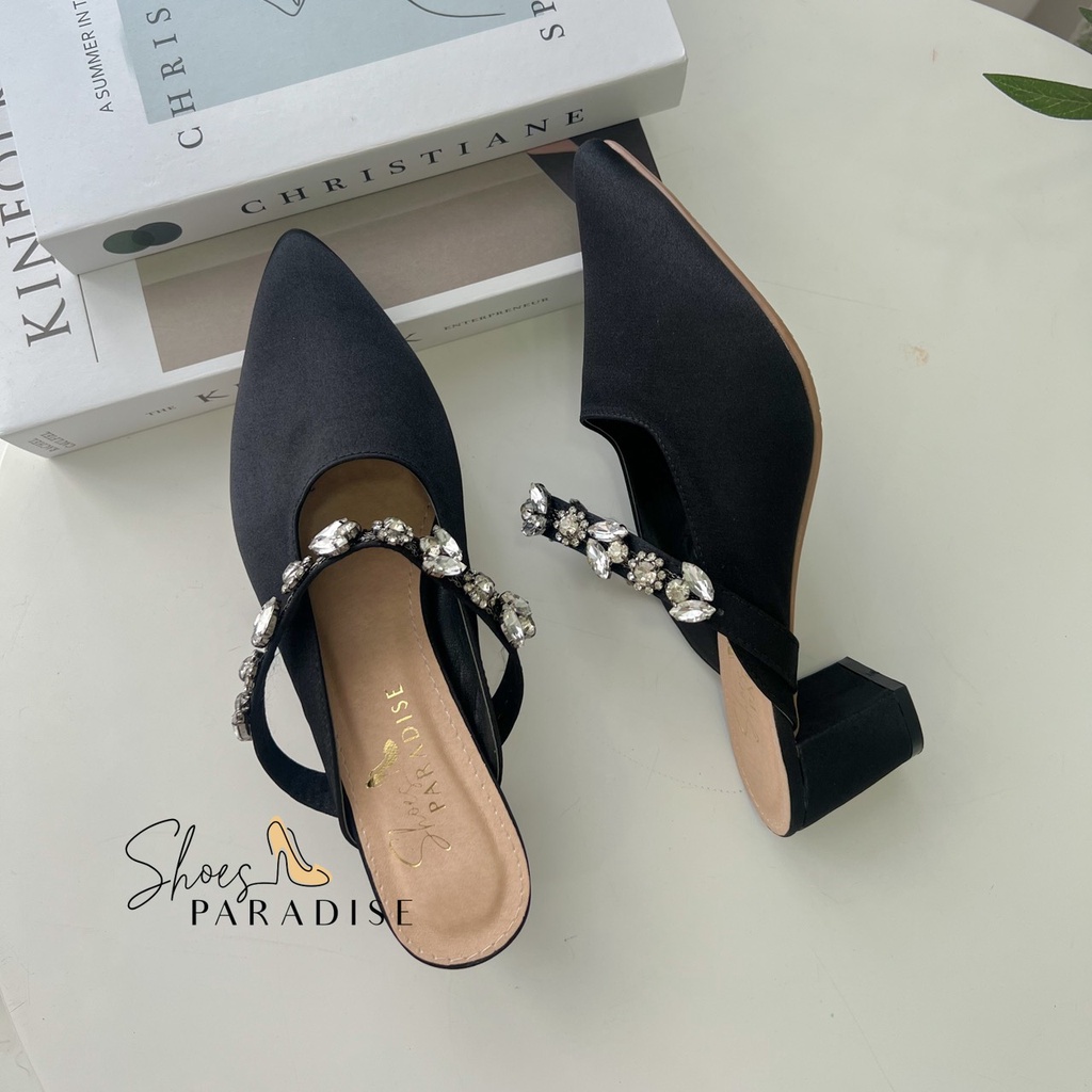 Giày cao gót mũi nhọn nữ 5p giay sục quai đá slingbank bít mũi đế vuông 5 phân shoes paradise L067