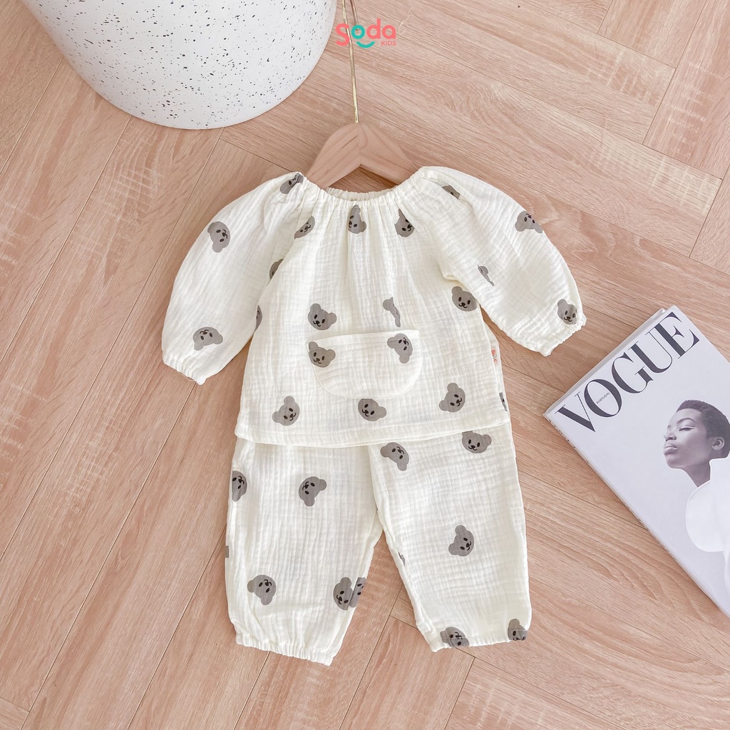 Bộ quần áo cho bé Doraemon SODA KIDS thiết kế cổ chun tay bồng, túi thần kì, chất liệu xô muslin mềm, mát