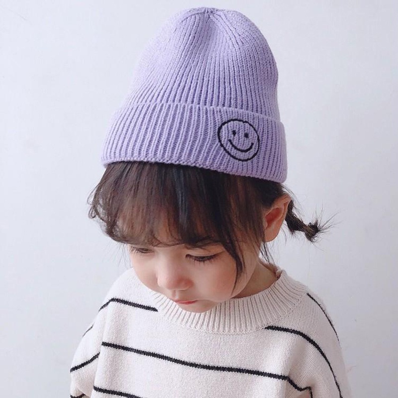 Mũ Beanie Dệt Kim Thêu Hình Mặt Cười Đơn Giản Cho Bé