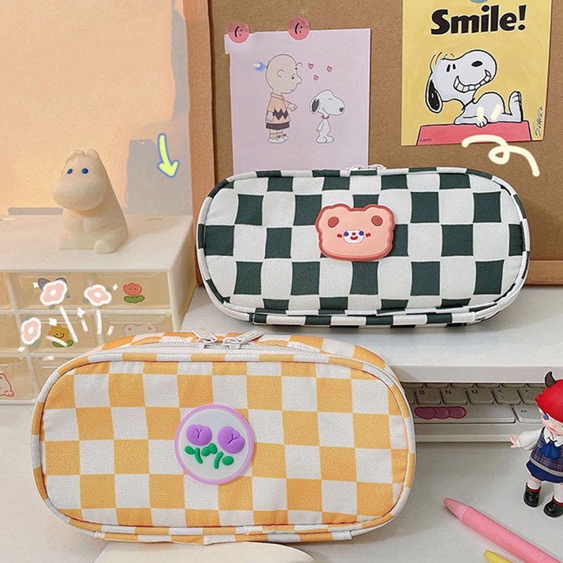 Túi Đựng Bút Bằng Vải Canvas Cỡ Lớn In Họa Tiết Kẻ Ô Đơn Giản Ốp