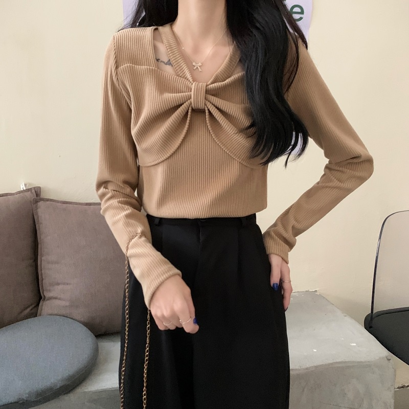 Áo Thun Dệt Kim Mỏng Tay Dài Đính Nơ Quyến Rũ Thời Trang Mùa Thu Cho Nữ