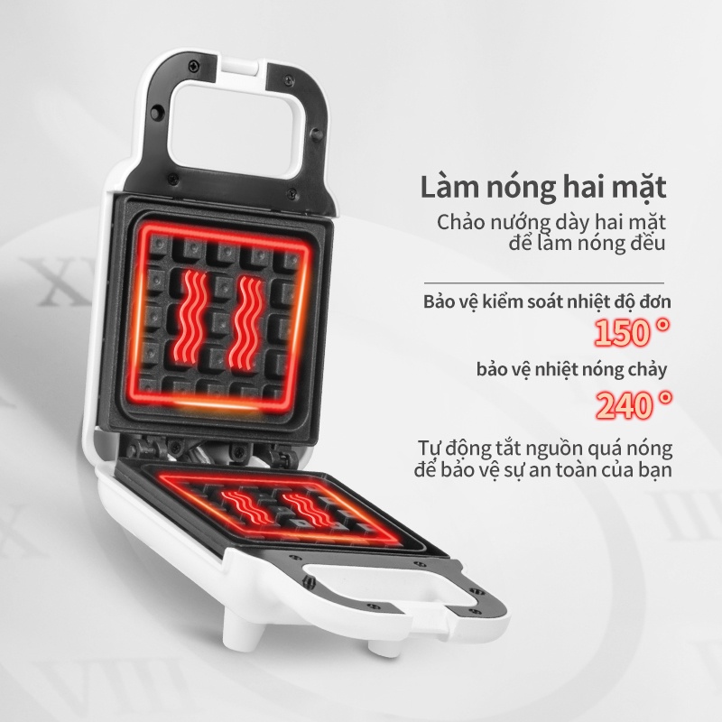 INSSA Máy làm bánh mì máy ăn sáng máy làm bánh mì nướng bánh quế gia đình hai khay ép lò nướng đa chức năng máy thực phẩm nhẹ WHITE