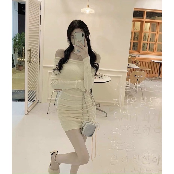 Váy len tăm trễ vai rút sườn, hot trend ôm body siêu tôn dáng