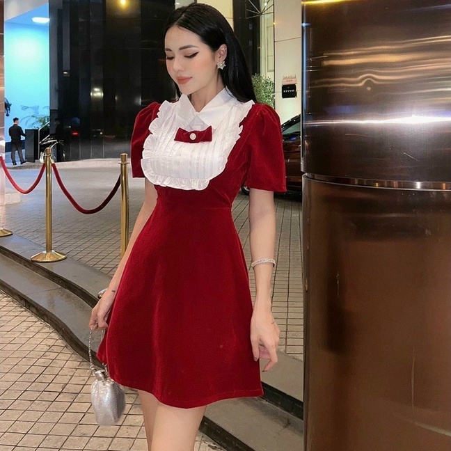 Đầm nhung đầm váy nữ đầm tiểu thư phối bèo nơ cực dễ thương cho nàng đi chơi dự tiệc sang chảnh cực tôn dáng