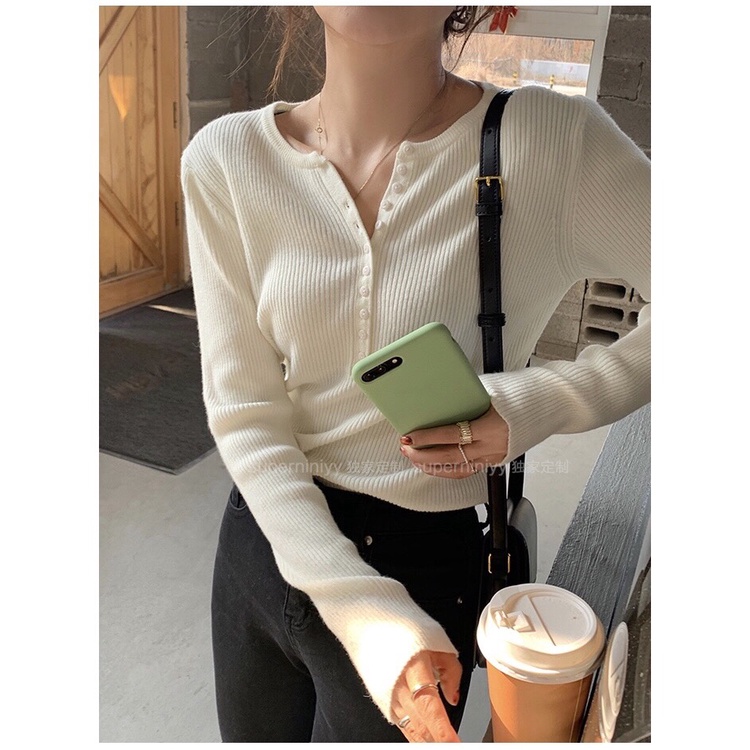 Áo len tay dài nút cài freesize có 6 màu - Lyn's Closet