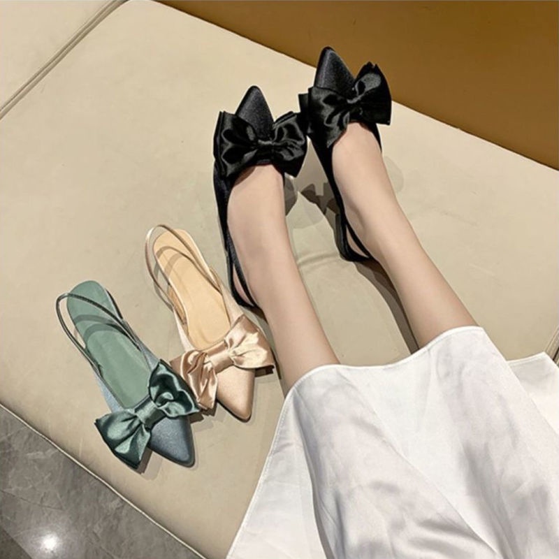 XIELUAIZTA Dép Nữ Mũi Nhọn Đính Nơ Phong Cách Pháp