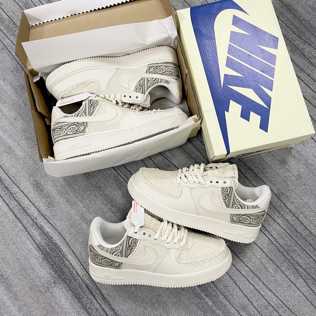 Giày thể thao AF1 dây thừng họa tiết Paisley màu kem, Giày sneaker thổ cẩm dây thừng nam nữ full bill box đi siêu êm