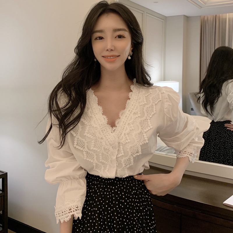 Áo Ren Cổ Chữ V Tay Phồng Thời Trang Mùa Thu Mới Cho Nữ