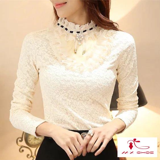 Áo Thun Tay Dài Lót Lông Cừu Dày Dặn Phối Ren Phong Cách Hàn Quốc Thời Trang Thu Đông Cho Nữ