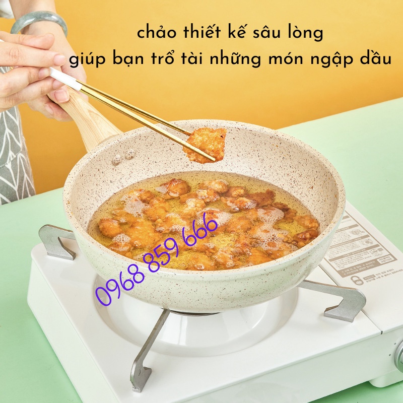 Chảo chống dính cao cấp 30cm, đáy từ vân đá hoa cương, cán gỗ cao su bền chắc, dùng mọi loại bếp