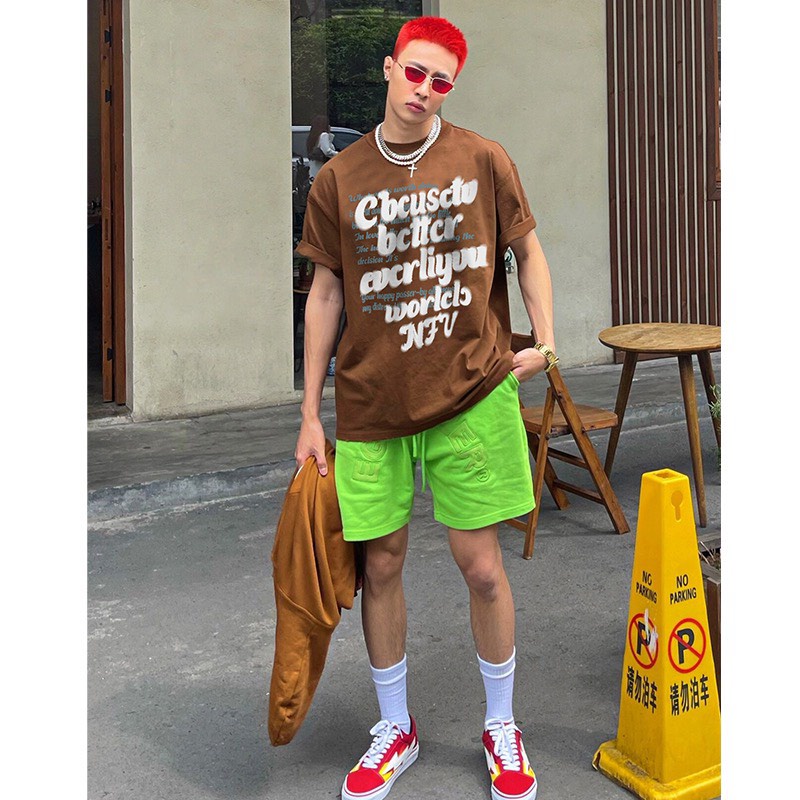 Áo Phông Cổ Tròn Tay Lỡ Phối Chữ Bản Lớn, Phong Cách Rộng Nam Nữ Thoải Mái Mã PH002