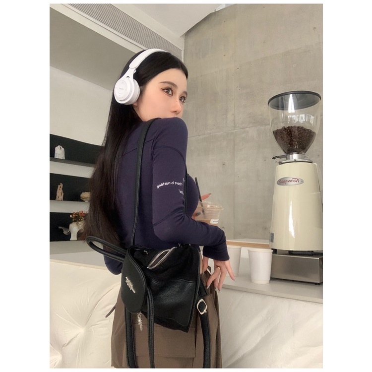 Áo Thun Nữ Ngắn Mỏng Cổ Cao In Chữ Mùa Thu Mới