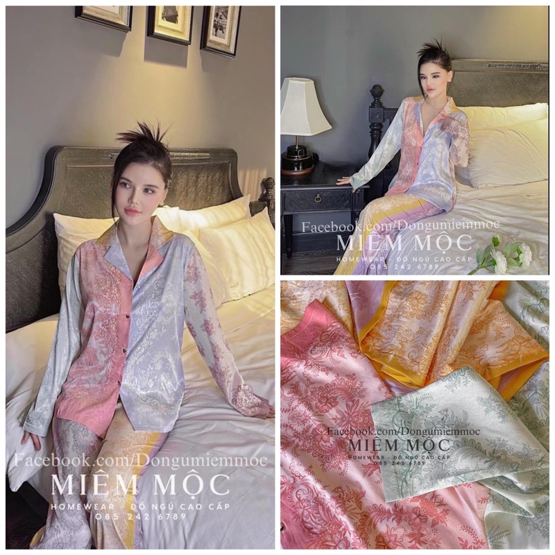 bộ ngủ mặc nhà pijama lụa xước cao cấp Quảng Châu khăn thái