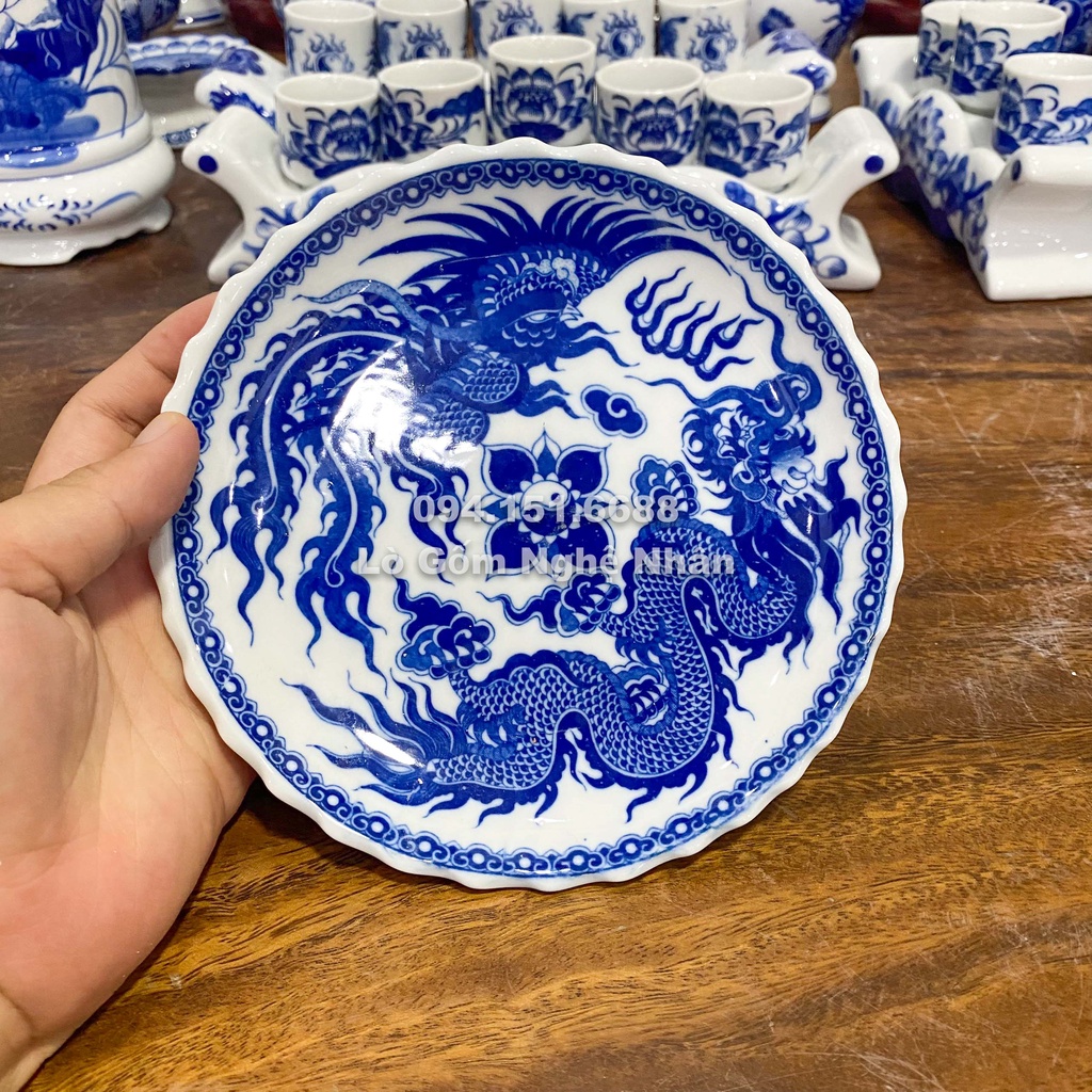 Mâm Bồng, Đĩa Đựng Trầu Cau Đồ Thờ Cúng nhiều cỡ Men Lam họa tiết Sen, Rồng - Đồ Thờ Cúng Bát Tràng - Nghệ nhân chế tác