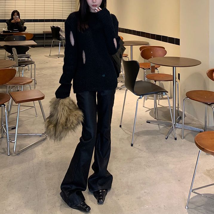 Quần Da Ống Loe Màu Đen Thời Trang Thu Đông Cho Nữ Có Size Lớn