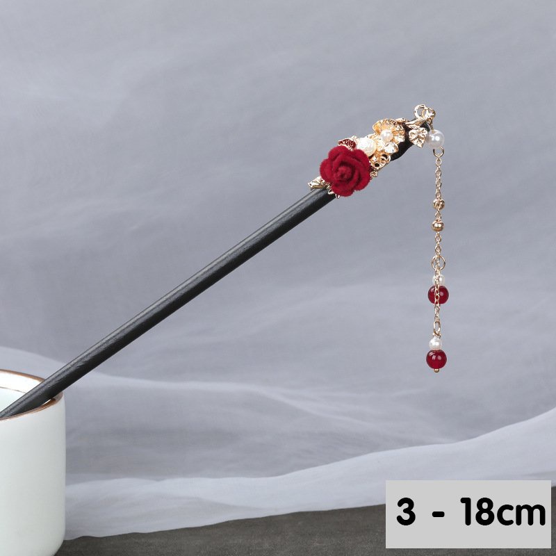 Trâm gỗ cài tóc cổ trang HOA HỒNG TUA HẠT ĐỎ TRẮNG phong cách Trung Quốc xinh xắn độc đáo