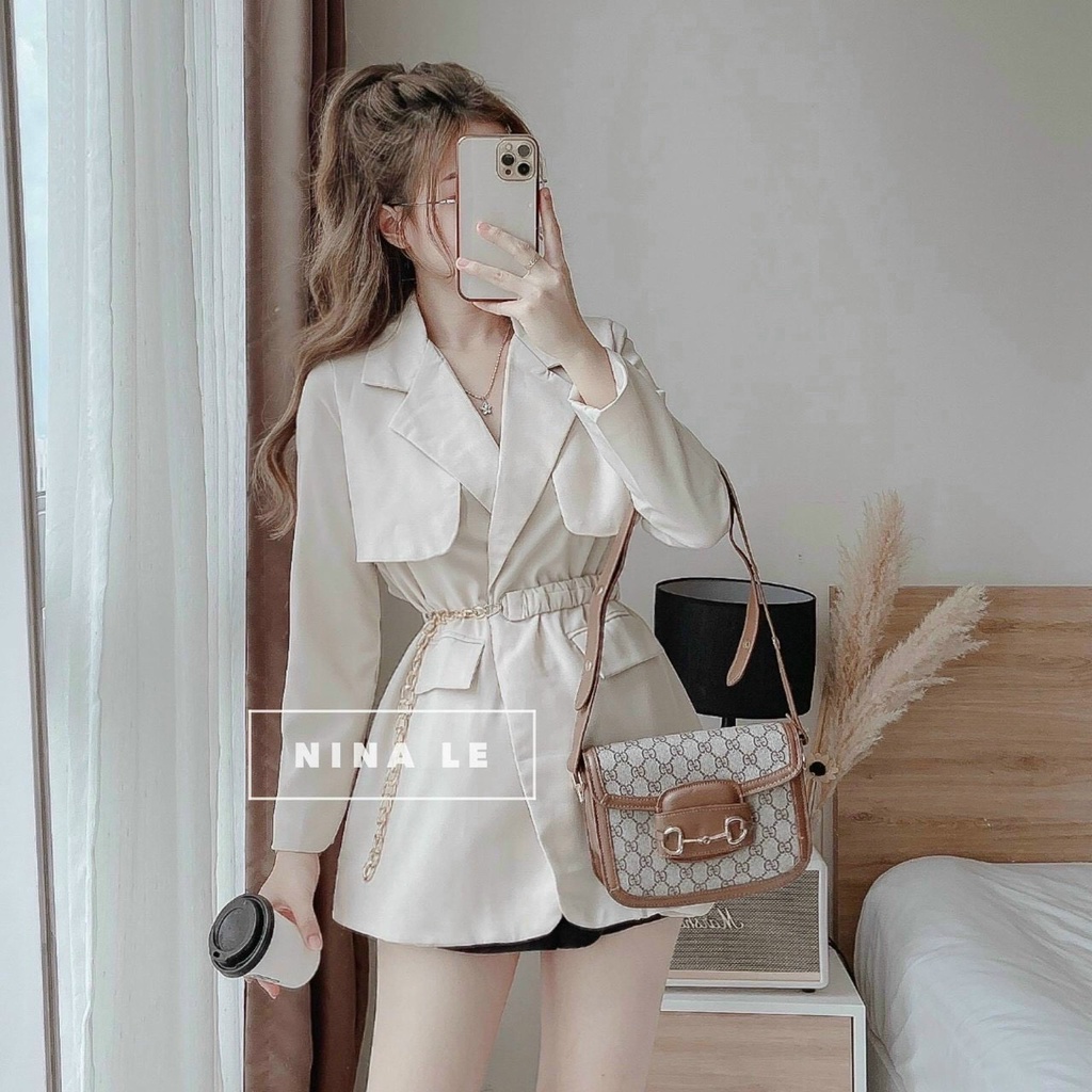 Sét Bộ Đồ Nữ Áo Cổ Vest Dài Tay Có Dây Nịt Bụng Kèm Quần Short Thiết Kế Sang Chảnh Đi Làm Công Sở, Dạ Hội Và Du Lịch