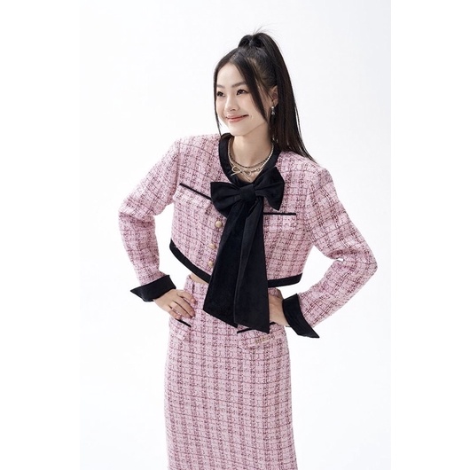 Set dạ tweed áo khoác kèm nơ phối chân váy dài, có ảnh thật