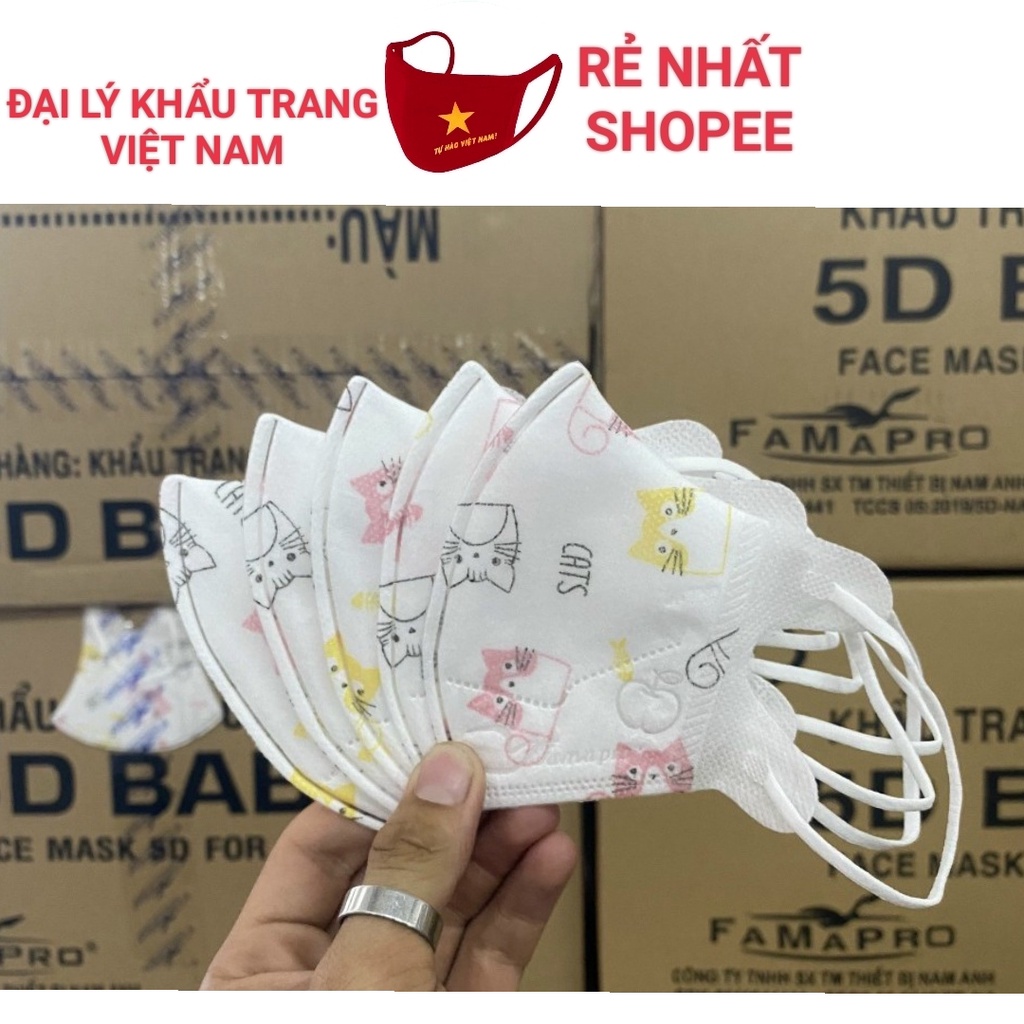 Khẩu trang 5D mask kids, khẩu trang Famapro cho bé từ 2-5 tuổi, hộp 10c