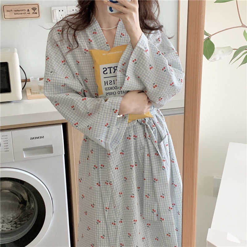 Áo Choàng Ngủ Tay Dài Kiểu kimono Nhật Bản Kẻ Sọc Caro In Họa Tiết cherry Thời Trang Xuân Thu Cho Nữ Sinh