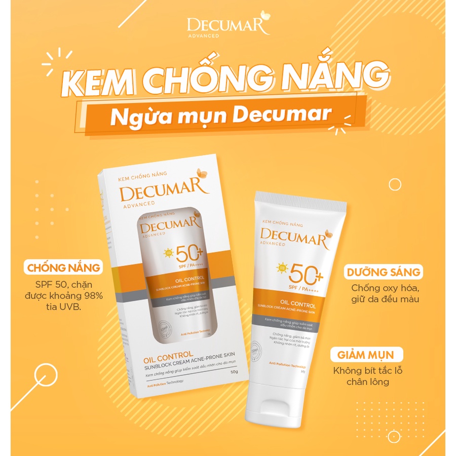 Kem chống nắng kiềm dầu cho da mụn Decumar Advanced Sunblock SPF50+ 50g