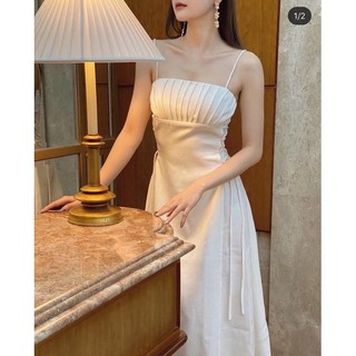 Đầm midi trắng 2s xếp ly ngực đan eo