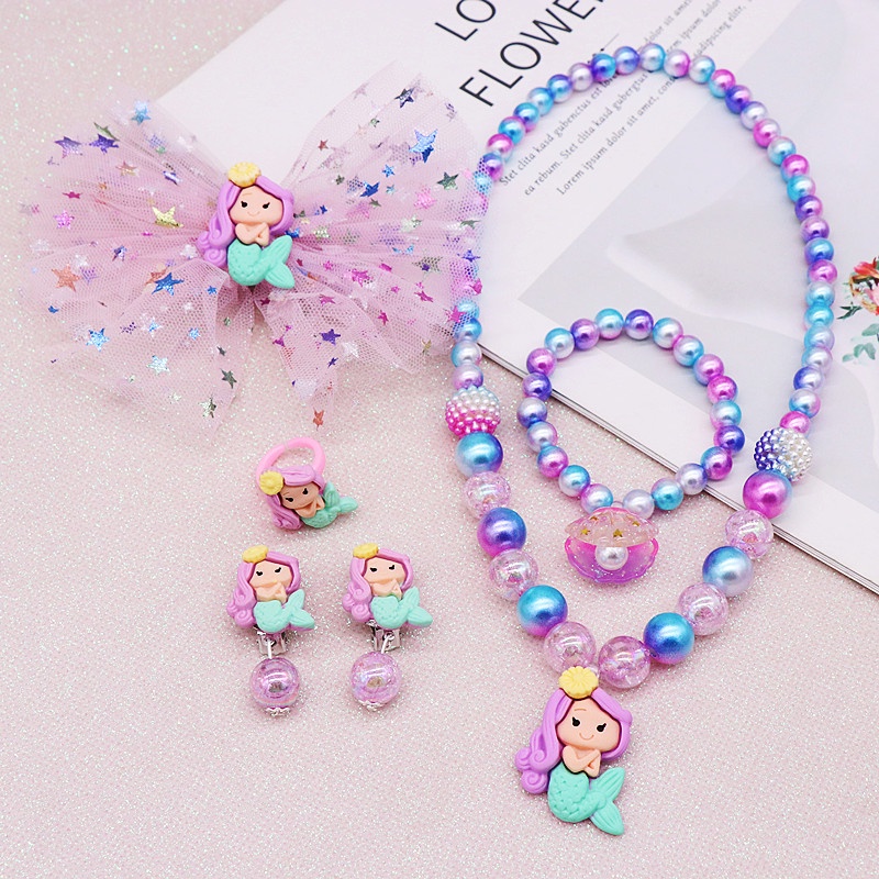 Bộ Trang Sức Gồm Vòng cổ / Vòng Tay / Kẹp Tóc Đính Hạt Họa Tiết Hoạt Hình Công Chúa Cho Bé Gái