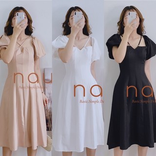 Đầm tay phồng cổ vuông phối dây