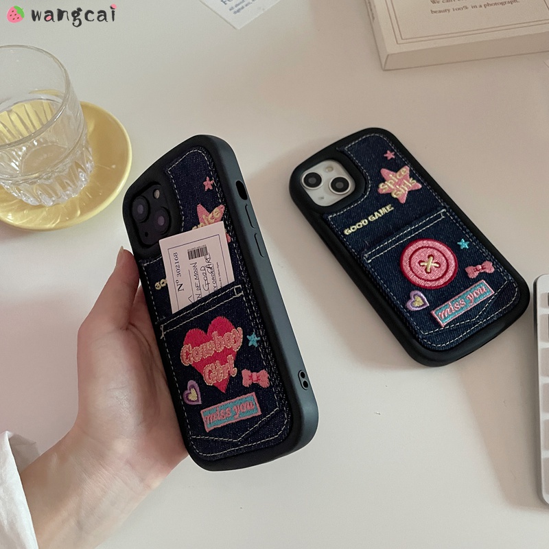 Ốp Điện Thoại Denim Thêu Hình Cô Gái / Ngôi Sao / Nơ Chống Sốc Cho iPhone 14 Plus 14 13 12 11 Pro Max