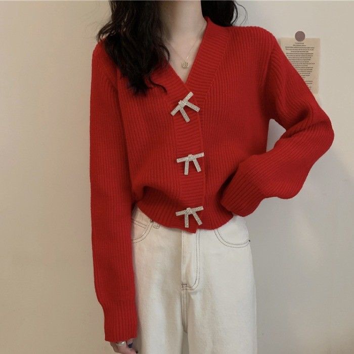 Áo Khoác Cardigan Dệt Kim Tay Dài Cổ Chữ V Dáng Rộng Màu Đỏ Phong Cách Giáng Sinh Thời Trang Thu Đông Mới Cho Bé Gái