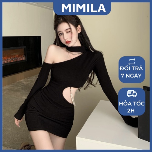 Váy Body Dài Tay MIMILA Đầm Body Cổ Choker Hở Vai Khoét Eo (không dây cườm) Siêu Cá Tính Thời Trang Cho Nữ - MBD064