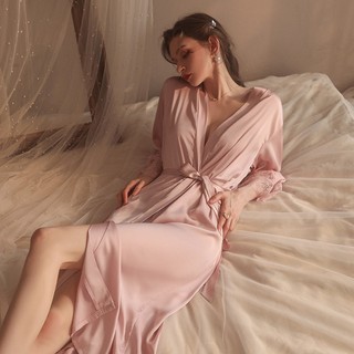 Áo choàng lụa tay phối ren dáng dài kèm đai lụa thắt eo cao cấp BS-19960