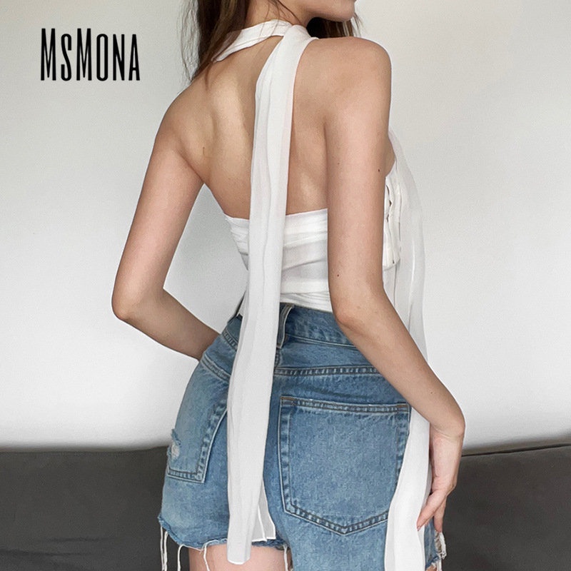 MsMona Áo Hai Dây Dáng Ôm Màu Trắng Trơn Thời Trang 2022 Quyến Rũ Cho Nữ