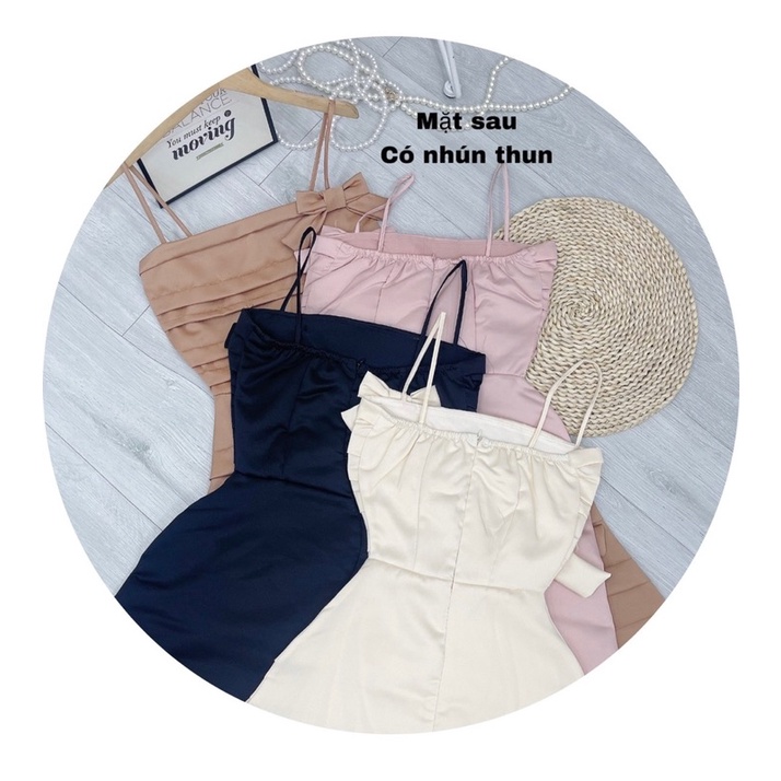 Đầm dự tiệc 2 dây phom xoè gắn nơ vải tafta