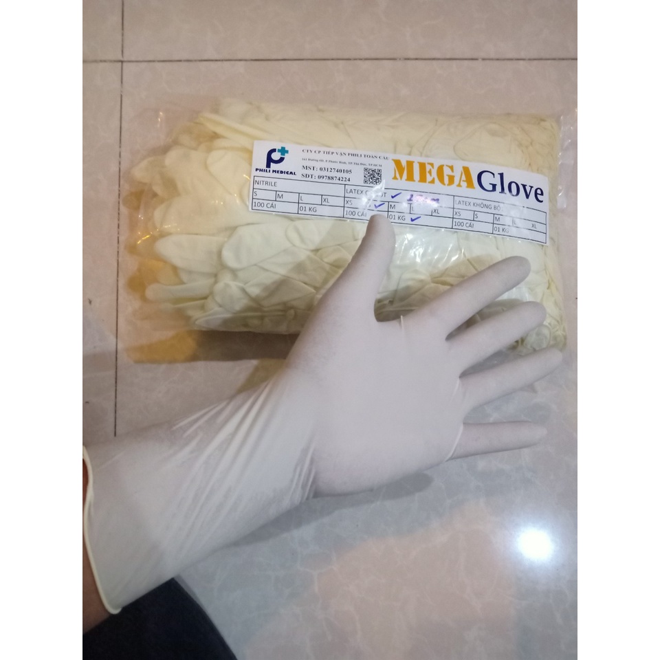 Bịch 100 chiếc ( tay dài ) găng tay y tế Latex Mega glove tay dài 29cm có bột/không bột, size S, M
