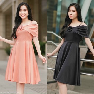 ĐẦM XÒE VAI CHOÀNG ĐÍNH NGỌC VÀ HOA HỒNG CAO CẤP TẶNG KÈM HOA TAI THỜI TRANG