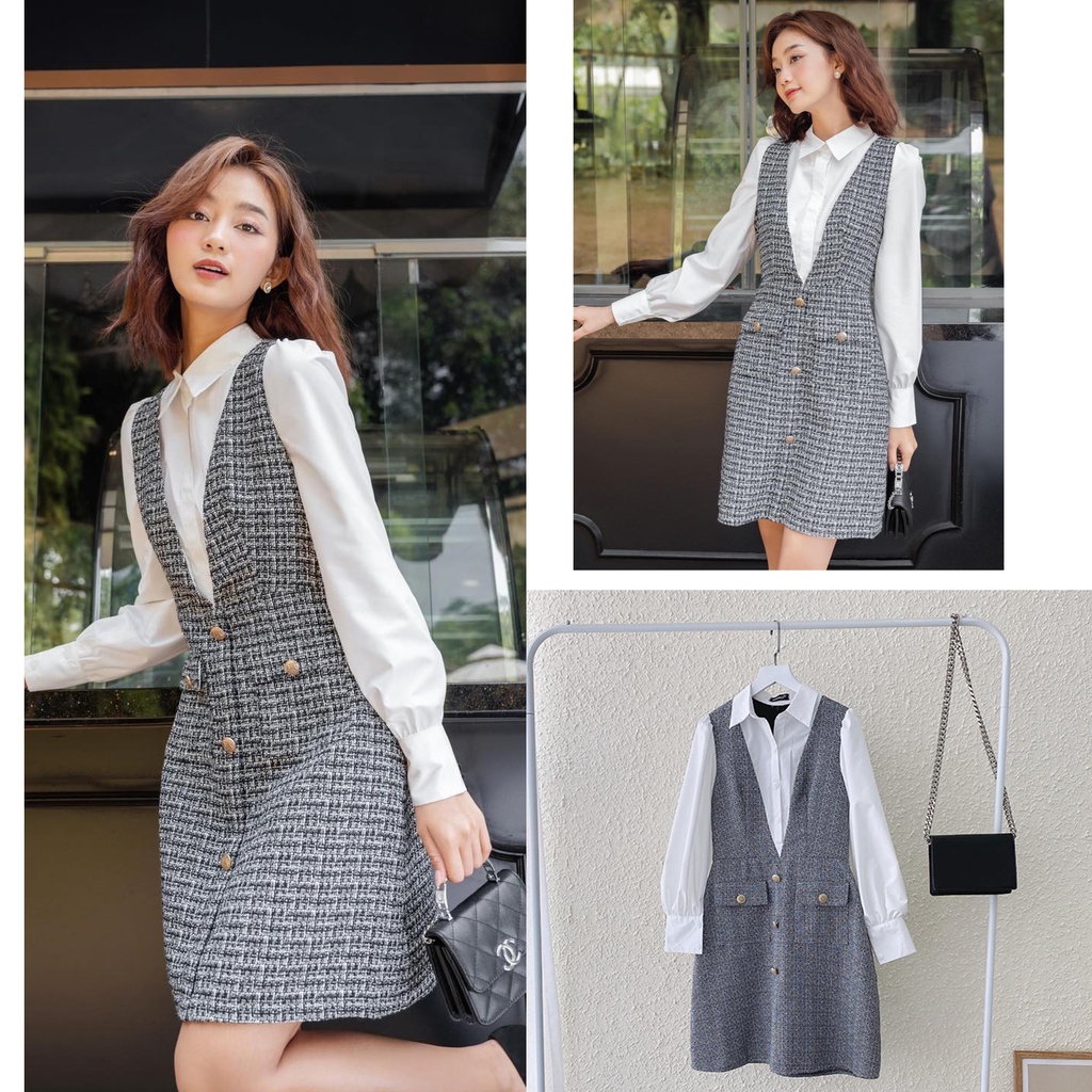 Đầm dạ tweed phối sơ mi ( hàng tk cao cấp , 2 lớp)