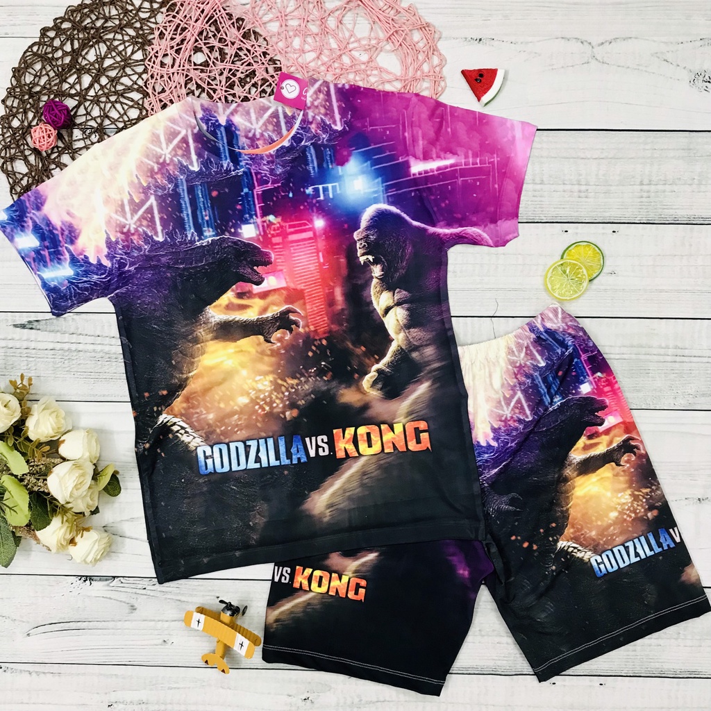 Đồ bộ thun lạnh bé trai in hình Godzilla đại chiến King Kong cực ngầu, bộ thun thoáng mát, thấm hút mồ hôi 10kg đến 60kg