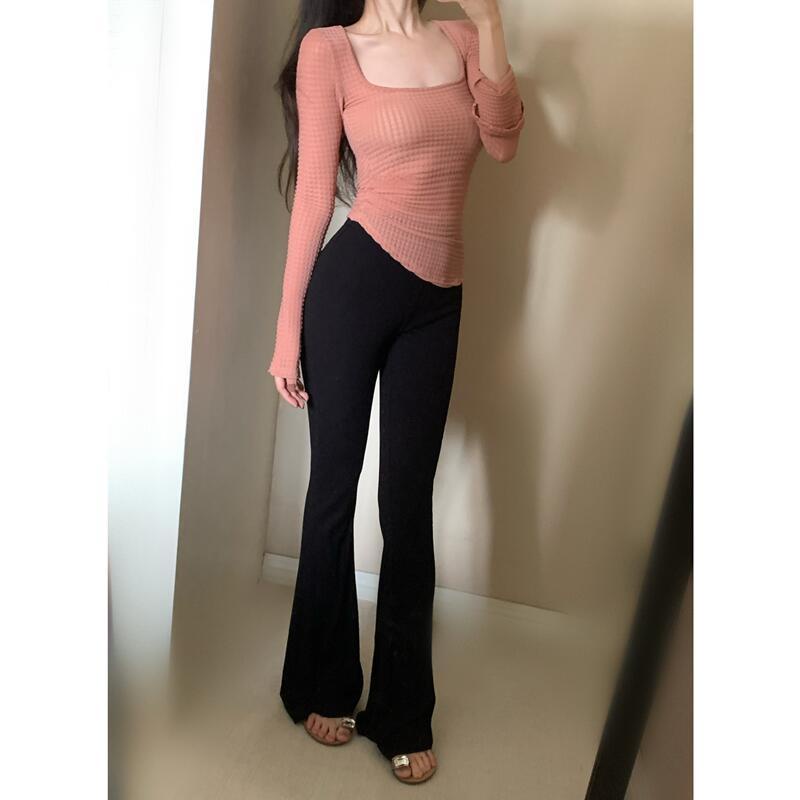 Áo Kiểu Cổ Vuông Tay Loe Dài Eo Cao Co Giãn Thời Trang Mùa Xuân Xinh Xắn Cho Nữ