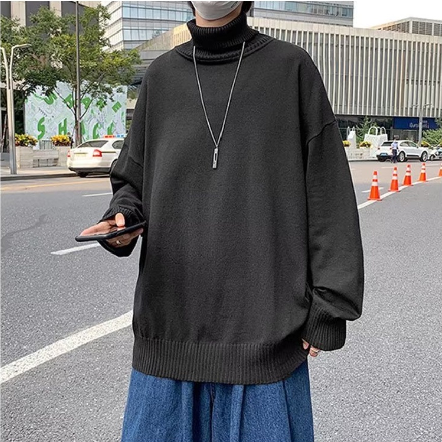 Áo Sweater Dệt Kim Tay Dài Cổ Cao Dáng Rộng Màu Trơn Thời Trang sweater form rộng Nam Nữ