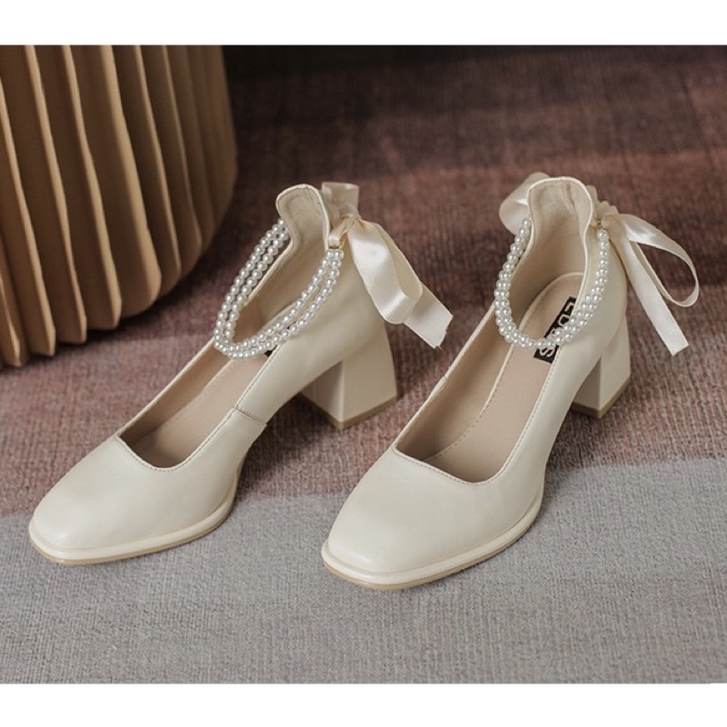 (Sẵn) Giày Lolita Cao Gót Quai Hạt Cột Nơ Tiểu Thư Công Sở ( Size 35-39 ) 829