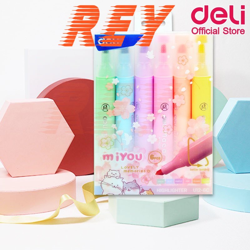 Hộp 6 bút dạ quang highlighter gồm 6 màu macaron Miyou Deli U12-6C