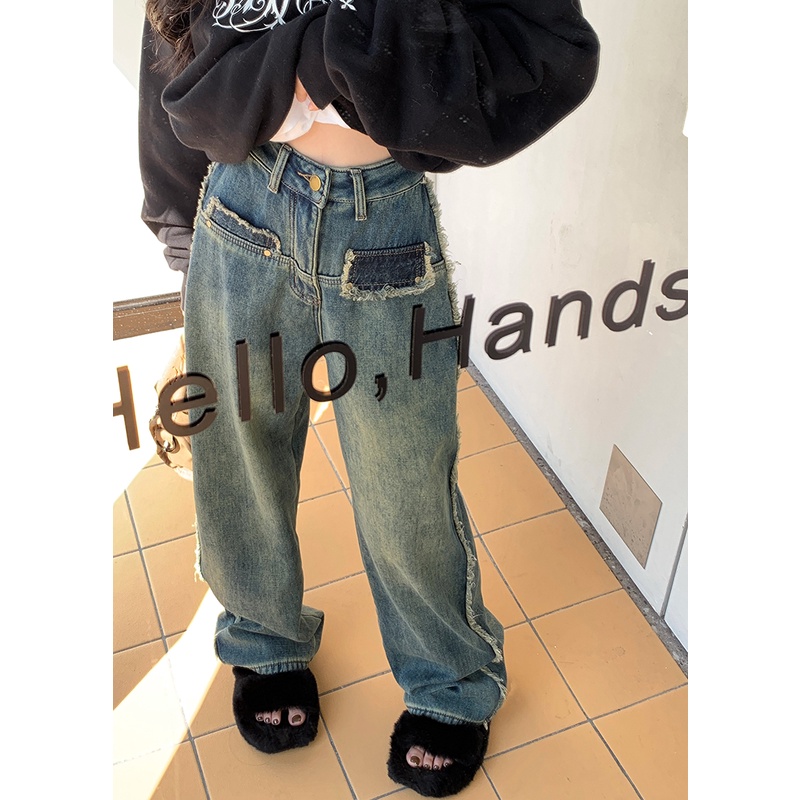 「MOTEL7」Quần Jean Denim Ống Rộng Dáng Suông Lót Lông Cừu Dày Dặn Lưng Cao Lót Lông Cừu Retro Dành Cho Bạn Nữ