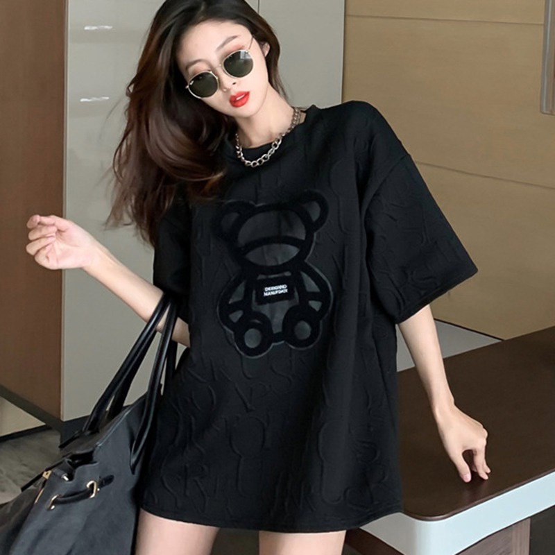 Áo Thun Tay Ngắn Cổ Tròn Thêu Hình Gấu Dễ Phối Đồ Thời Trang Cho Nữ