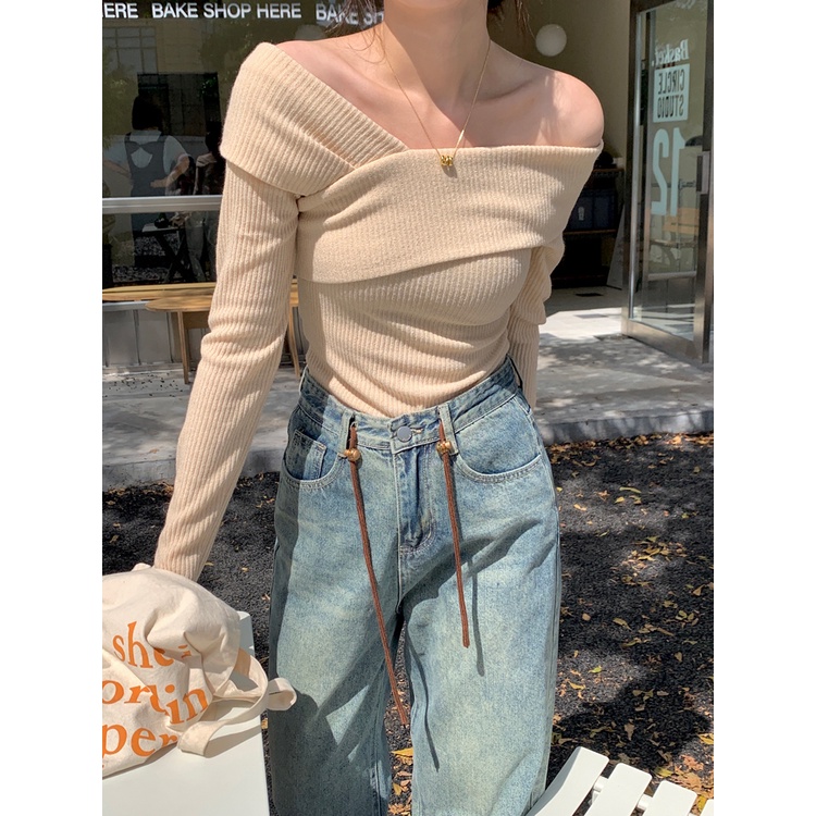 ZHELIHANGFEI Áo Dệt Kim Dài Tay Trễ Vai Dáng Ôm Gợi Cảm