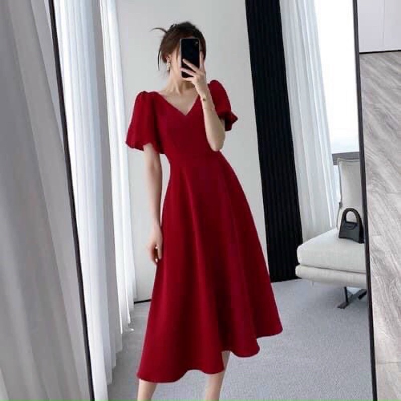 VÁY ĐỎ CỔ V XOÈ DIỆN MÙA NOEL TẾT TAY PHỒNG TYFASHION ĐI TIỆC ĐI LÀM ĐI CHƠI