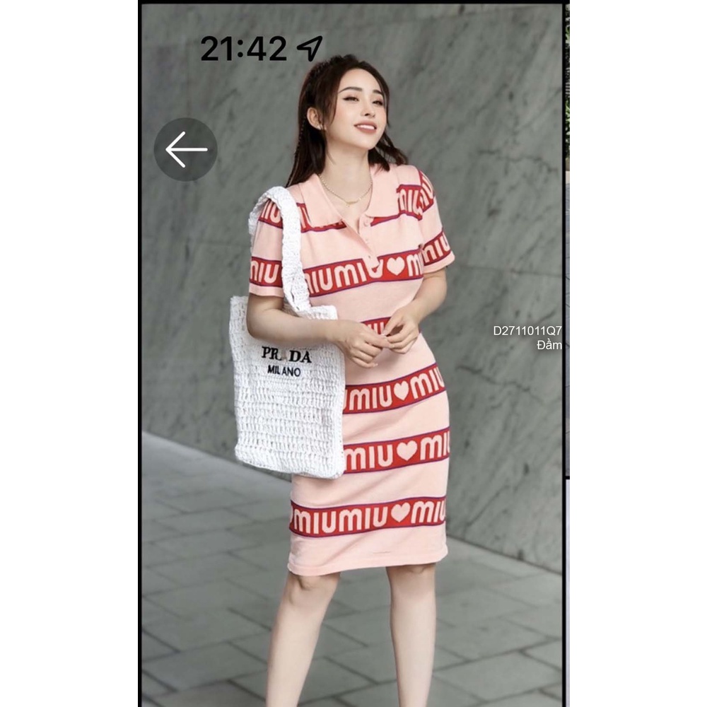 Đầm body len họa tiết sọc chữ trái tim cổ bẻ tay con hàng QC