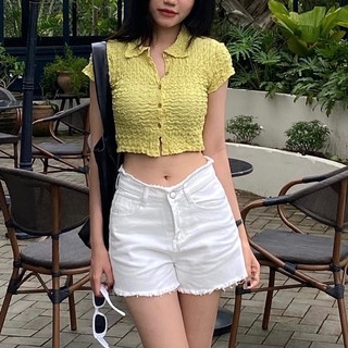 Áo croptop sơ mi tay ngắn xốp nhún